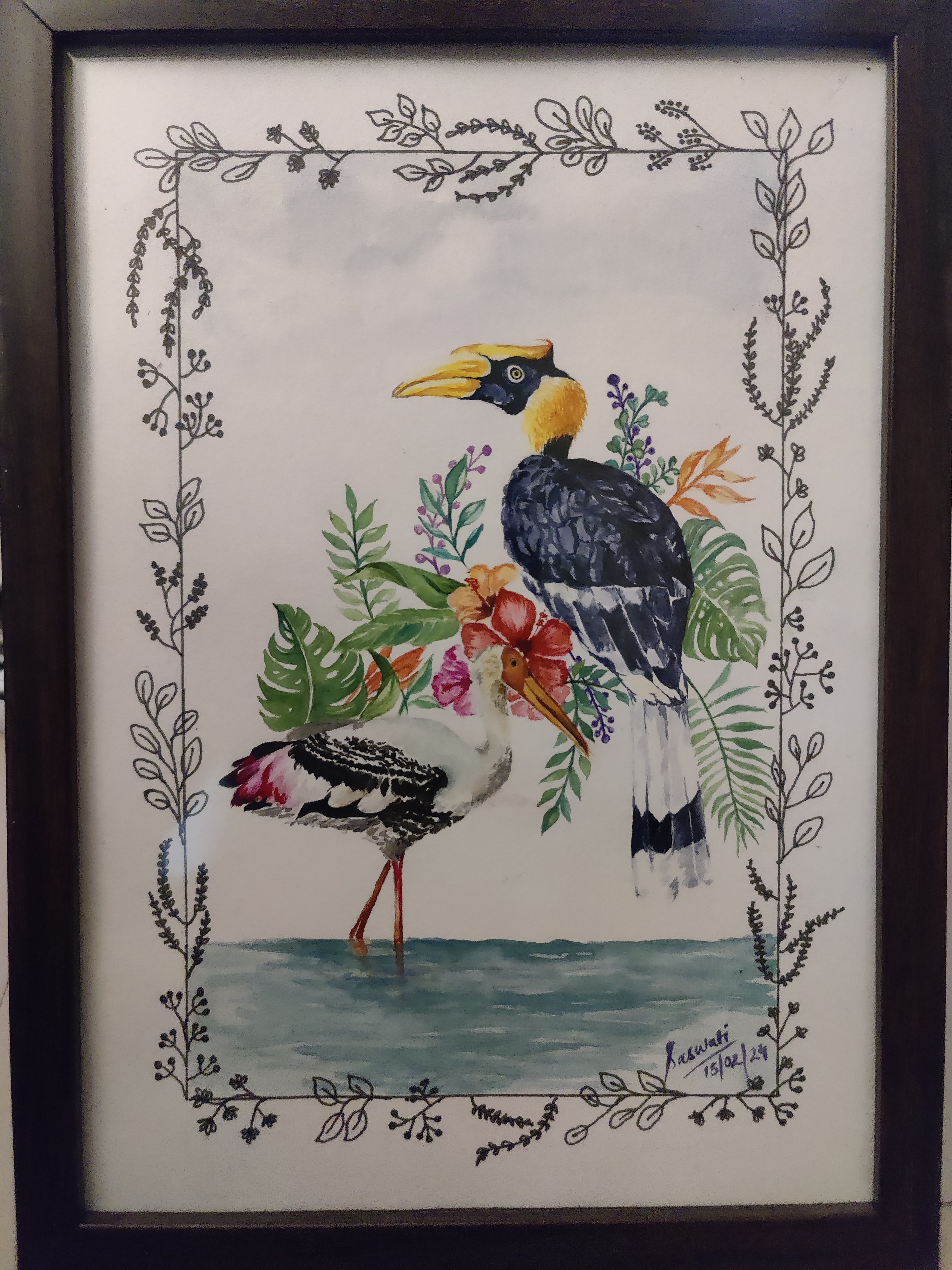Watercolor and ink painting of a hornbill and painted stork surrounded by tropical foliage, framed with hand-drawn botanical vine border