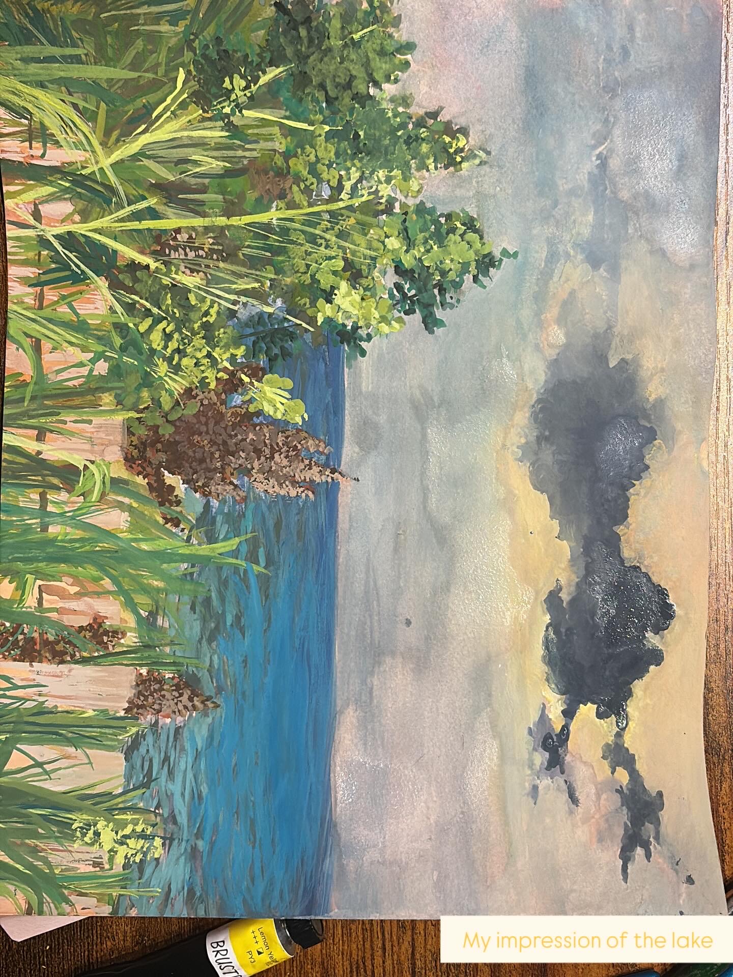 Impressionistic watercolor of a lake with trees and dramatic sky