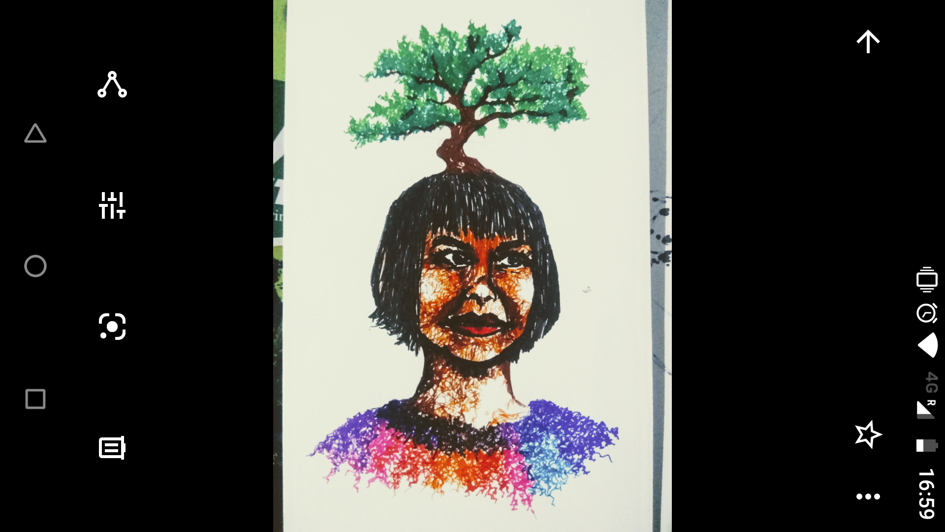 Self-portrait with a tree growing from the mind — pen and ink